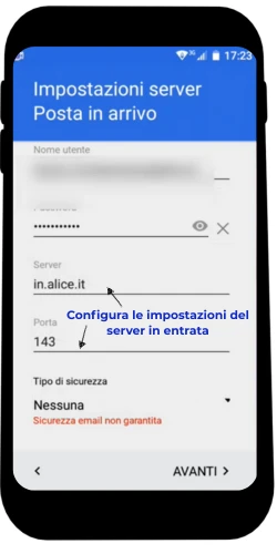 Configura le impostazioni del server in entrata