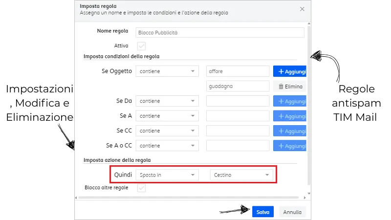 Regole antispam TIM Mail
